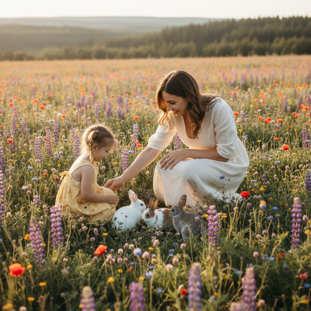 Woman and young girl petting three rabbits in a field of colorful wildflowers.